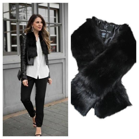 UF Unreal Fur Black Faux Fur Scarf Thread-Through Stole Modacrylic Vegan Luxury - Picture 1 of 7
